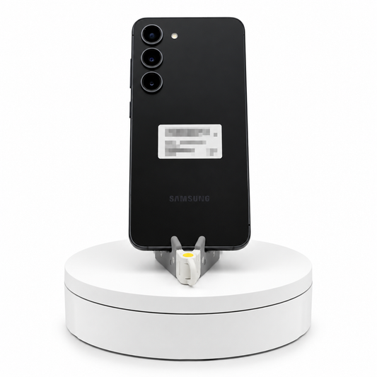 Samsung Galaxy S23 128GB Phantom Black, back view on a display stand