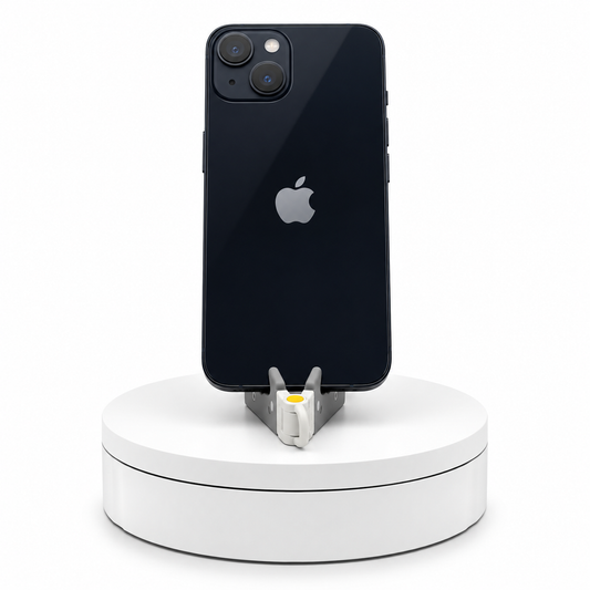 iPhone 13 128GB Midnight, back view on a display stand