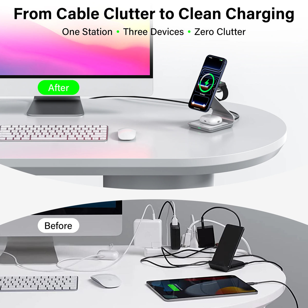 One charging station replacing multiple chargers and cables on a desk