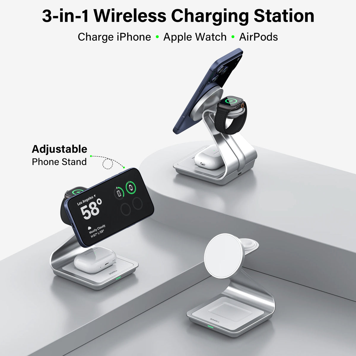 Charging iPhone, Apple Watch and AirPods at the same time on a magnetic charging stand